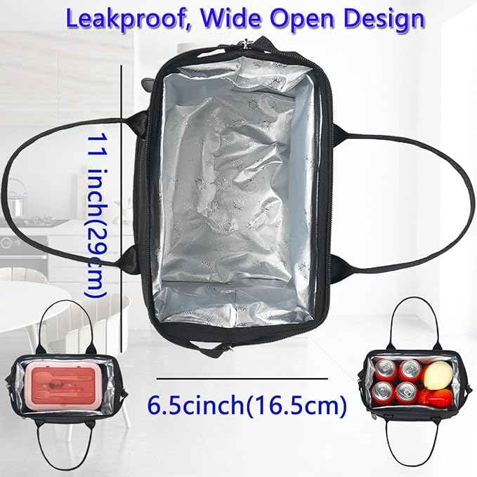 FlowFly Insulated Lunch Bag for Women, Men, Large and Reusable, Handle, Work and Travel Tote and Meal Prep Organizer, Black