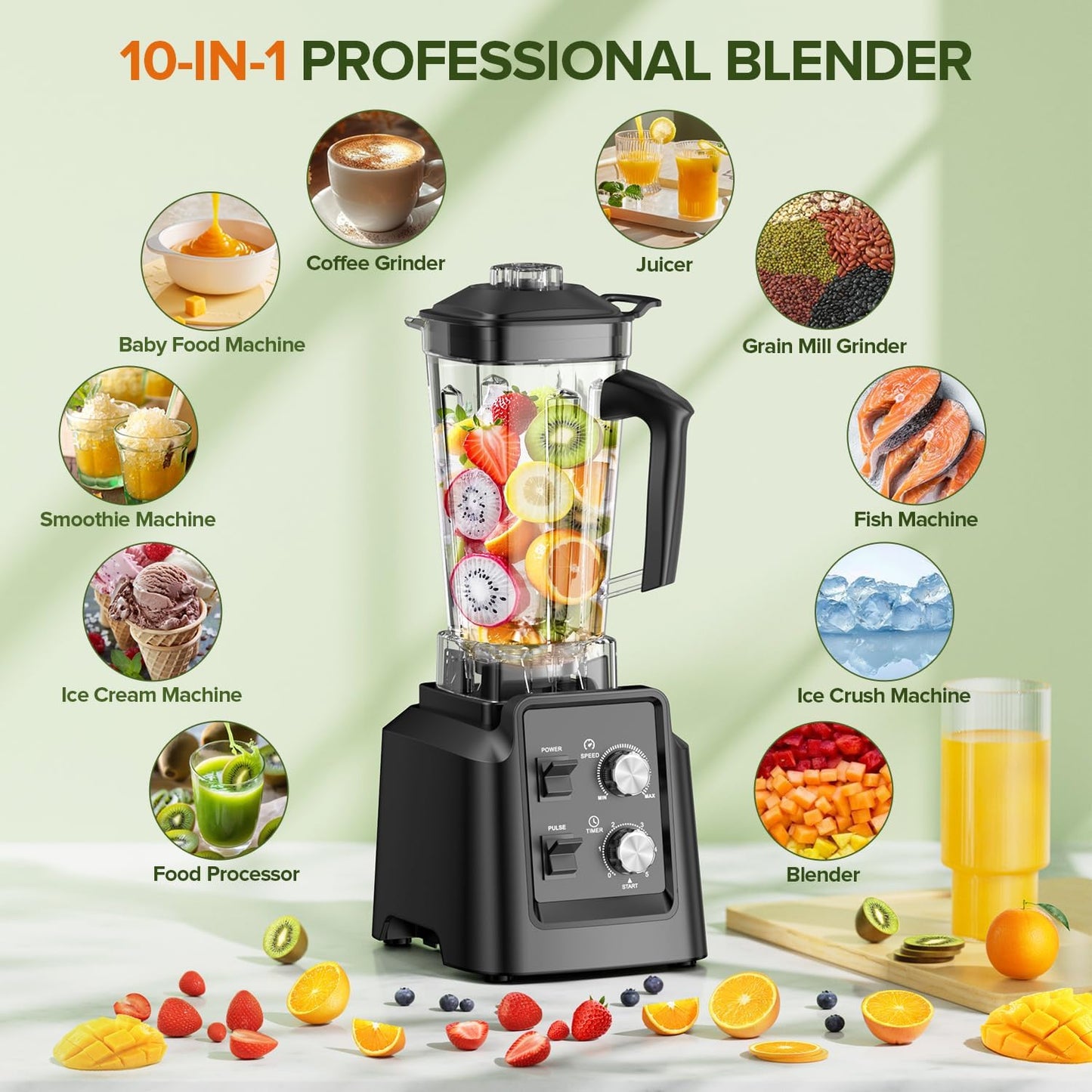 Blender, 68Oz. Countertop Blenders with 20Oz. Grinder, 28000 RPM Kitchen Blender for Smoothies, Ice Crushing, Frozen Fruits, Self-Cleaning, Speed Adjustable, Black