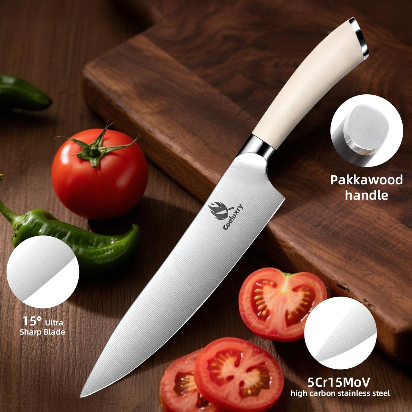 Professional White Chef Knife - 8 Inch High Carbon Stainless Steel Kitchen Knife with Ergonomic White Handle for Precise Cutting
