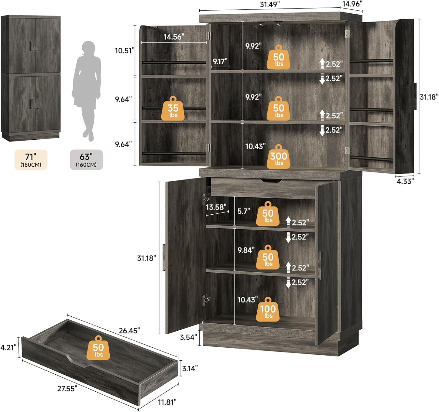 ONBRILL 71" Tall Kitchen Pantry Cabinet, Pantry Storage Cabinet with 6 Door Shelves, Hidden Drawer and Adjustable Shelf, Freestanding Rustic Wood Pantry for Kitchen, Dining Room (Black Smoky)