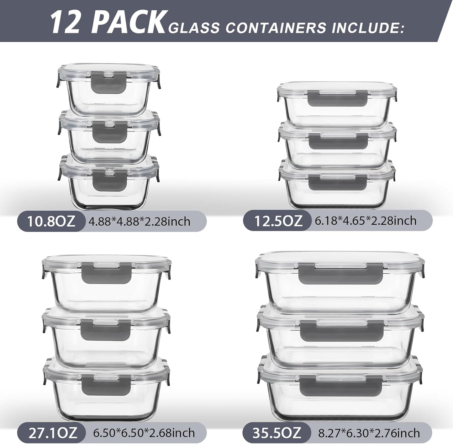 12 Pack Glass Food Storage Containers with Lids, Glass Meal Prep Containers Set with Leak Proof Lids, Airtight Lunch Container for Kitchen, Microwave, Oven, Freezer, Dishwasher Safe, Bpa free