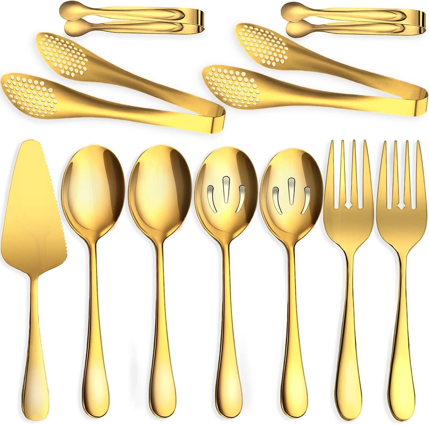 11 PCS Serving Utensils, Large Stainless Steel Spoons Forks Tongs, Pie Server, Great for Hostess Buffet Catering Banquet Party, Gold