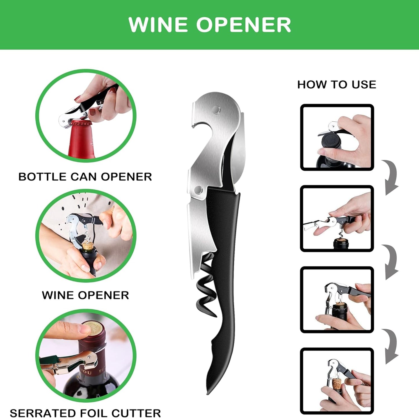 Jar Opener for Weak Hands, Seniors with Arthritis, 5 in 1 Multi Function Bottle Opener Lid Opener For Arthritic Hands with Non Slip Rubber Jar opener Gripper Pad and Corkscrew Wine Opener(GREEN)