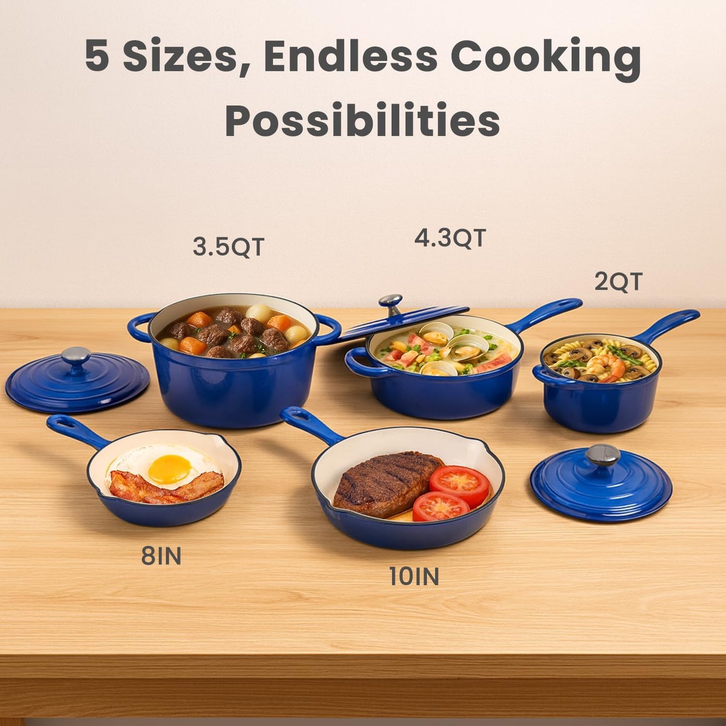 QuliMetal Nonstick Enameled Cast Iron Cookware Set, 5 Pcs Pots and Pans with Lid, Skillet, Frying Pan, Saucepan & Dutch Oven for All Stovetops, PFA Free - Ideal for Sourdough Bread Baking