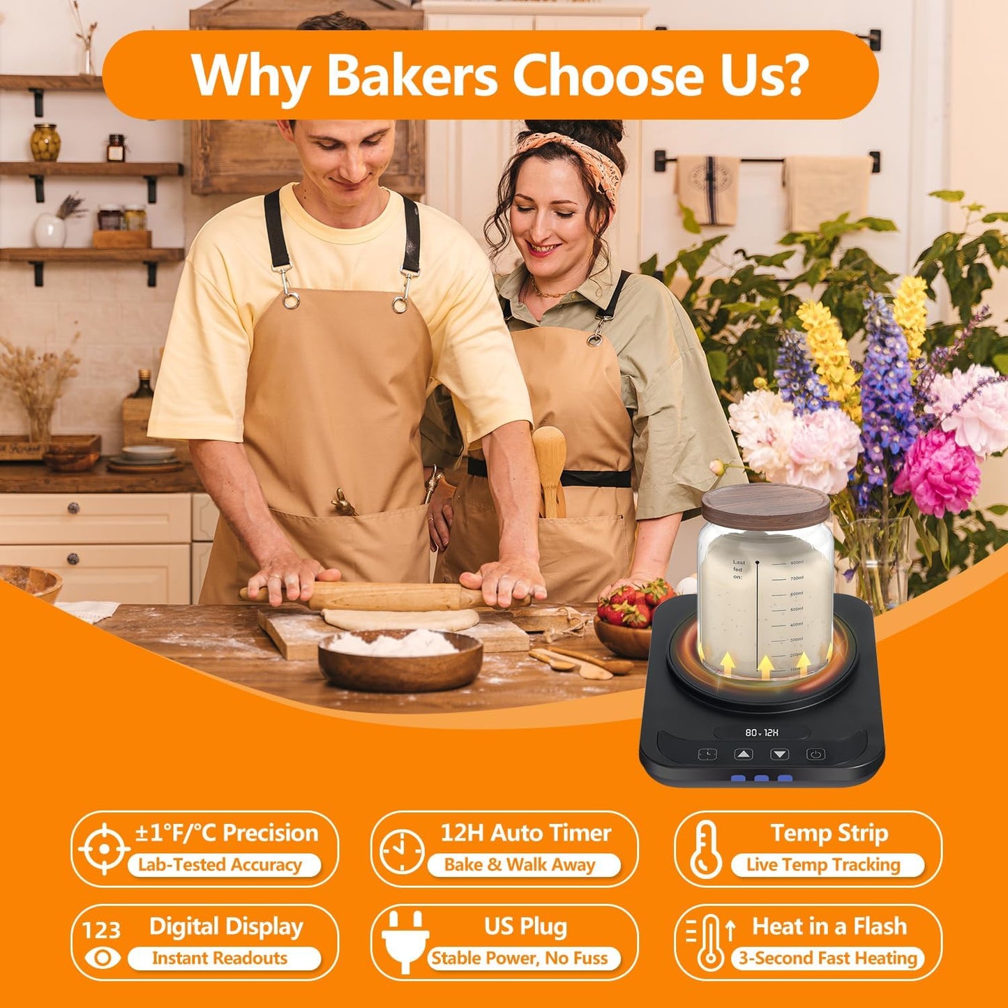 USHYMJT Sourdough Starter Warmer – Precision Temperature Control (70-100°F, 1°F Adjustable) with 12H Timer, Auto Shutoff & Waterproof Thermometer | Compact, Energy-Efficient Design for Home Bakers