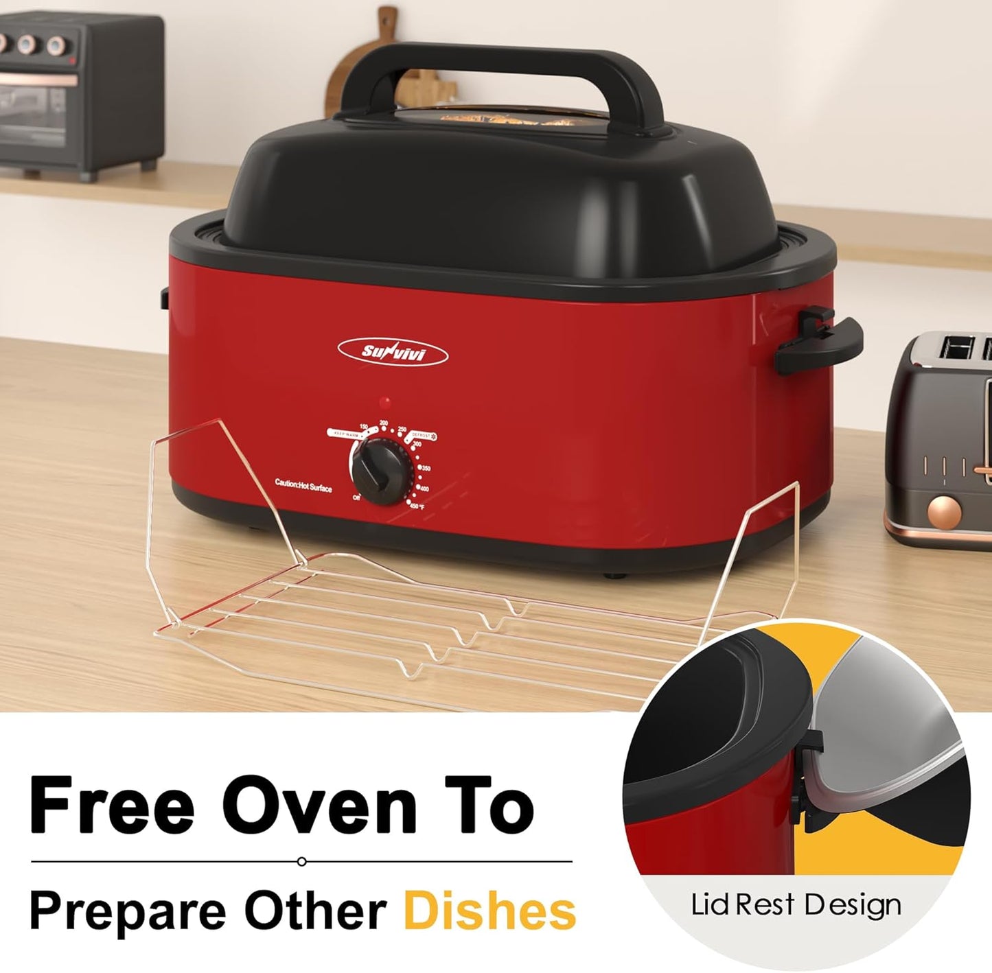 Sunvivi 30lb 26-Quart Roaster Oven, Electric Roaster Oven with Viewing Lid, Turkey Roaster with Unique Defrost/Warm Function, Large Roaster with Removable Pan & Rack, Stainless Steel, Red