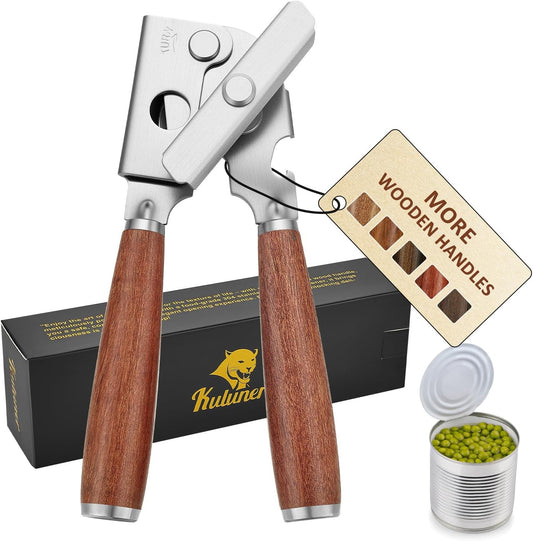 Upgraded Efficient Manual Can Opener - Selected Solid Wood Handle, Sharp and Smooth Blade Edge, Portable Design, Easy-Open Large Knob, Versatile for Various Bottle Caps（Rosewood）