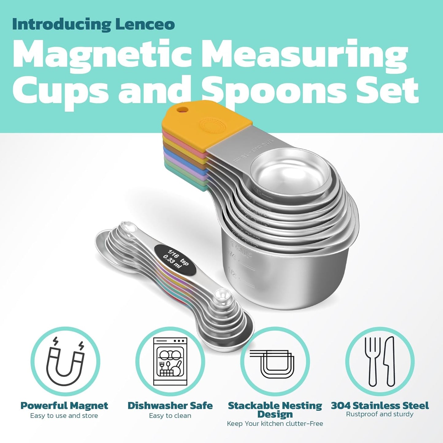 Magnetic Measuring Cups and Spoons Set of 17 - Stackable Stainless Steel Magnetic Measuring Spoons Set with Leveler - Dual Marking Scale Measuring Cup for Dry and Liquid Ingredients, Baking & Cooking