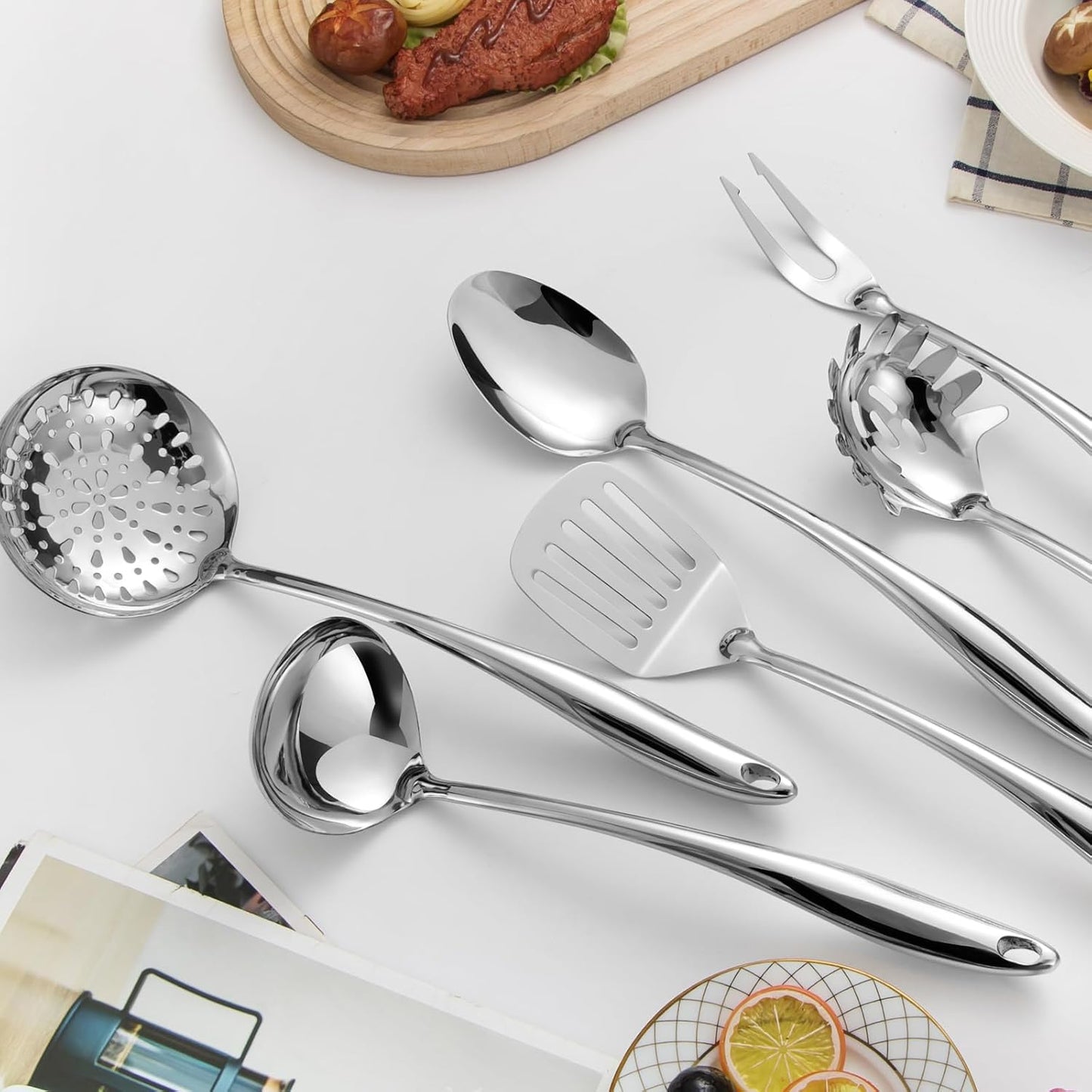 304 Stainless Steel Kitchen Utensils Set, 6 Pcs Long Metal Cooking Utensil with Spatula, Solid Spoon, Ladle, Skimmer, Spaghetti Spoon, Meat Fork, Dishwasher Safe