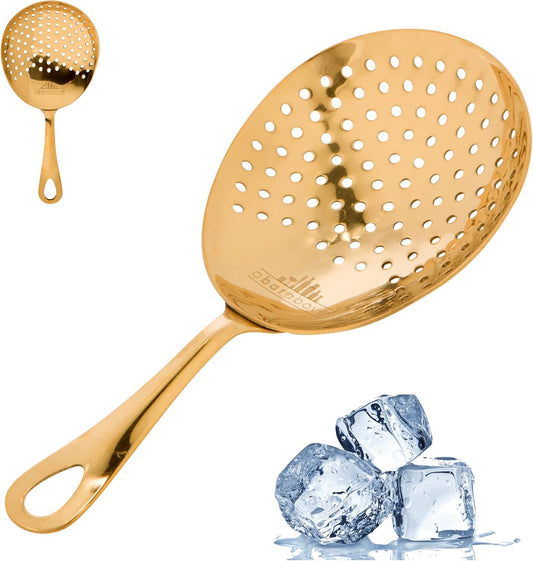 A Bar Above Gold Julep Strainer, Premium 304 Stainless Steel Cocktail Strainer with Rounded Handle, Bartender Mixing Tool for Home and Professional Bars, Fits Shakers and Mixing Glasses