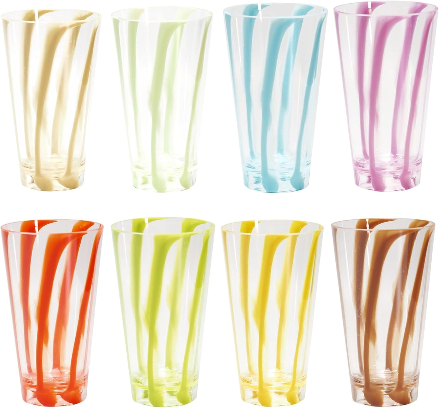 Set of 8 Plastic Striped Circus Drinking Cups Tumblers, Reusable MS Glasses 22 oz - BPA Free, Dishwasher Safe, Colorful, Stackable