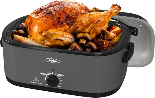 Sunvivi Roaster Oven, Electric Roaster Oven with Viewing Lid, 30lb 26-Quart Turkey Roasters with Unique Defrost/Warm Function, Large Roaster with Removable Pan & Rack, Stainless Steel, Grey