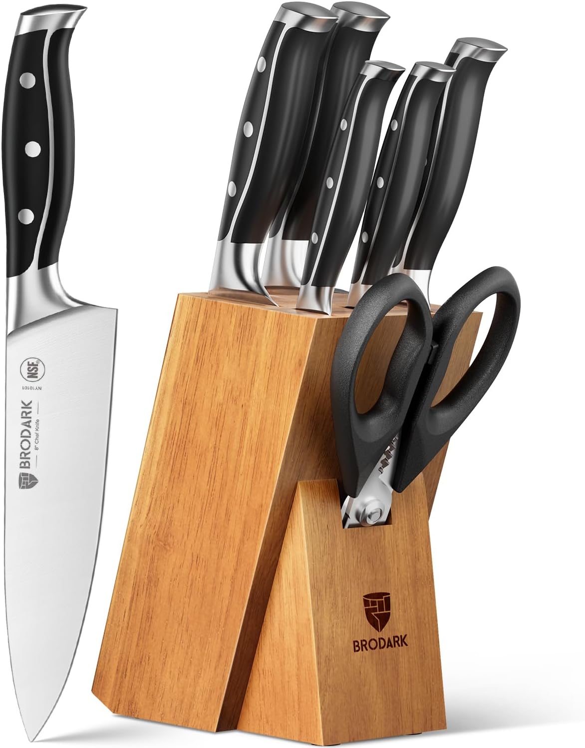 BRODARK Knife Set: 7 Piece Sharp Knife Set Without Steak Knives, Knives Set for Kitchen with German Stainless Steel & Ergonomic Handle, Acacia Wood Block with Built-in Sharpener, Ideal Gifts