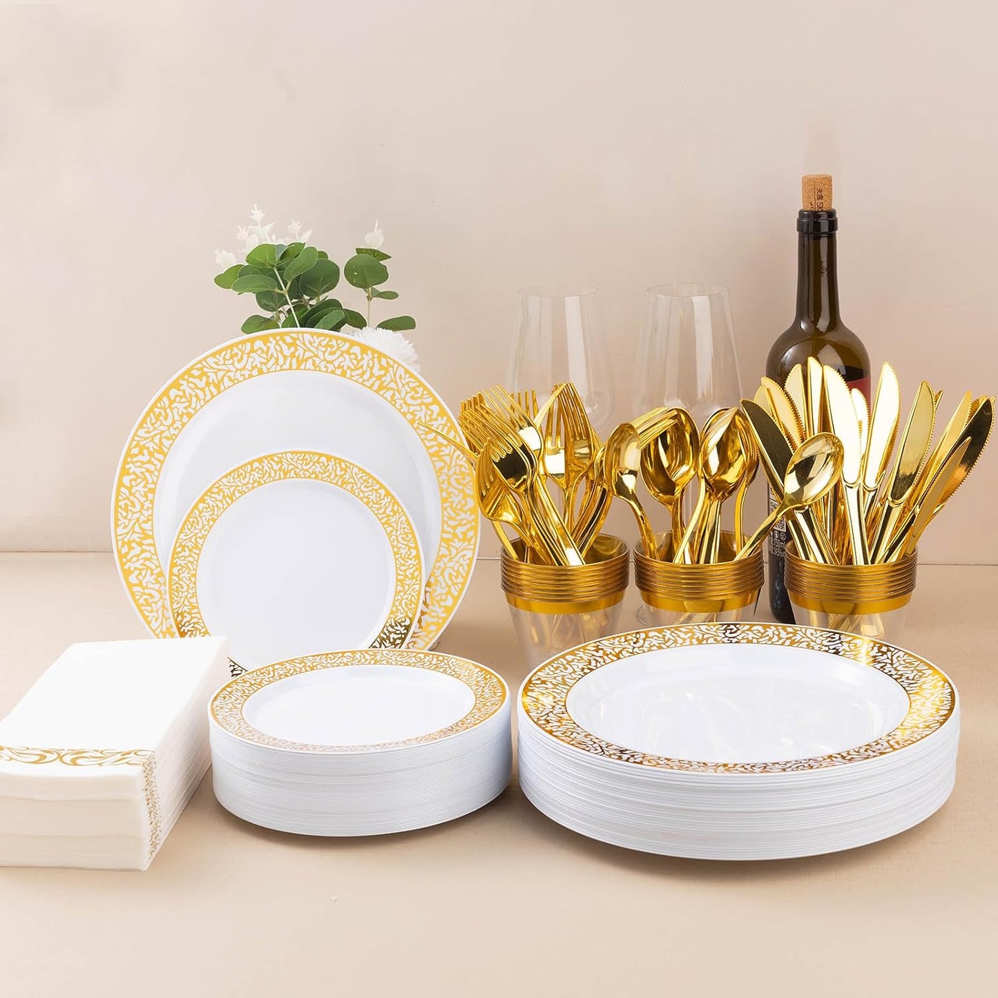 350PCS Gold Plastic Dinnerware Set for 50 Guests, Disposable Plates for Party, Wedding and Dinner, Include 50 Dinner Plates, 50 Dessert Plates, 50 Set Silverware, 50 Cups, 50 Napkins