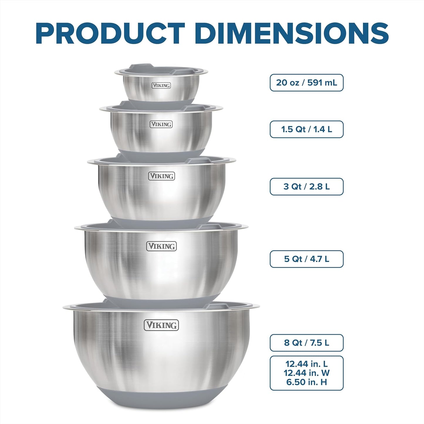 Viking Mixing Bowls Set, 10 Piece Stainless Steel Kitchen Cookware, Non-Slip Silicone Base, Includes Tight Fit Lids, Dishwasher Safe, Grey