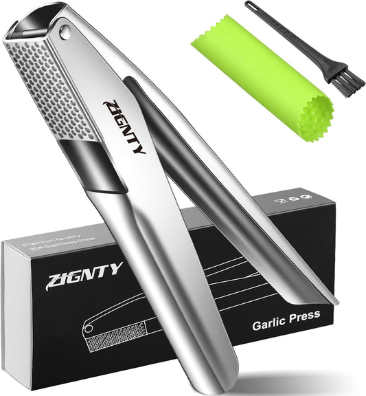 Professional Garlic Press Stainless Steel, Garlic Mincer No Need to Peel, Large Trough Garlic Crusher, Ergonomic Handle Garlic Ginger Presser Masher, Easy Squeeze Rust Proof Dishwasher Safe