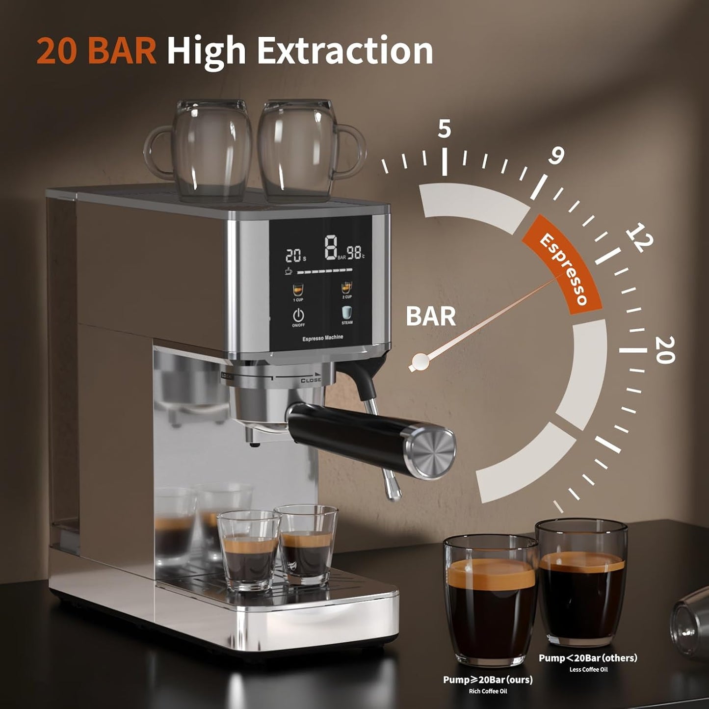 Kismile Espresso Machine, 20 Bar Compact Stainless Coffee Maker with 48oz Detachable Water Tank & Capsule Funnel, LED Display, Steam Milk Frother, Pre-Infusion for Mocha, Latte at Home or Office