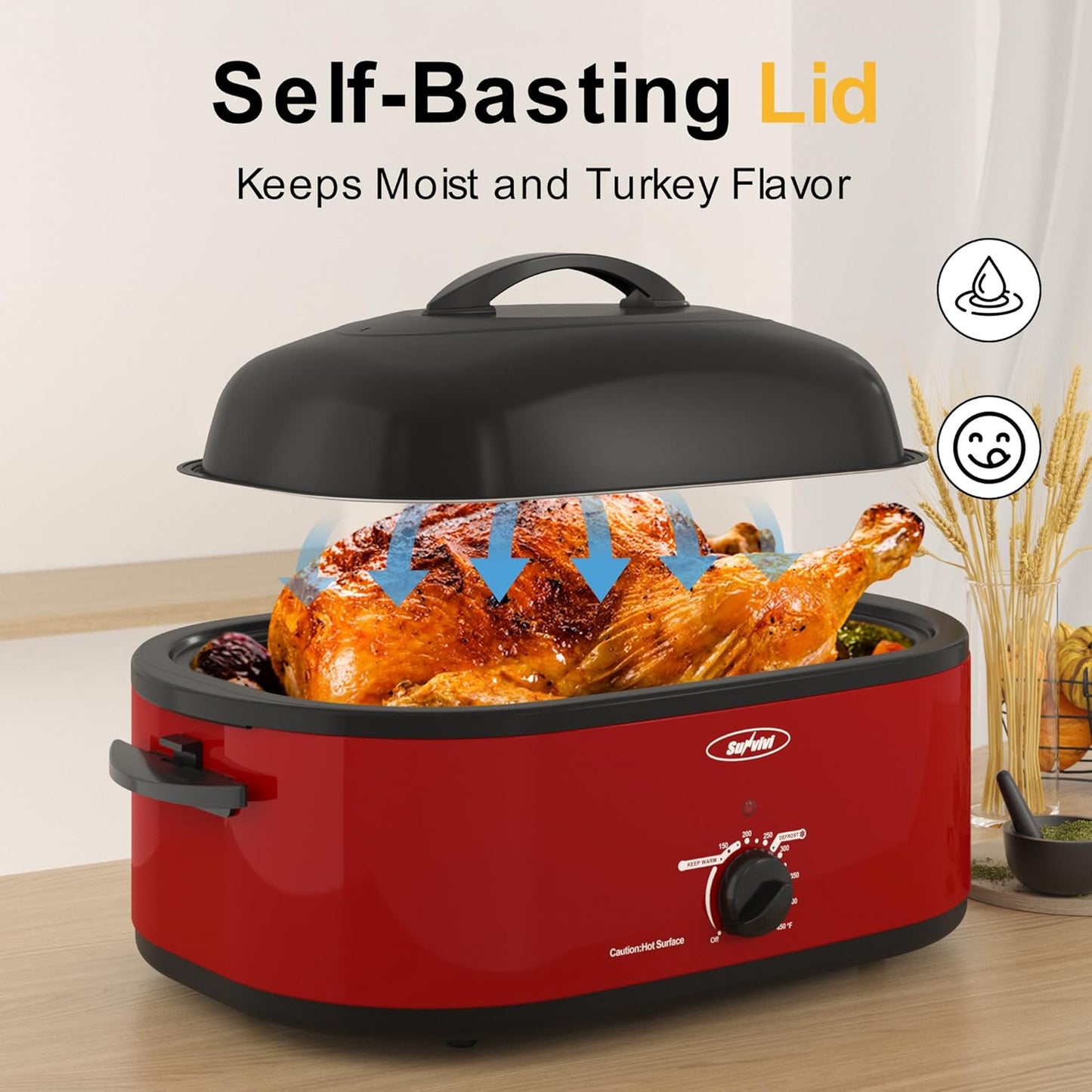 Sunvivi 26lb 22-Quart Roaster Oven, Electric Roaster Oven with Viewing Lid, Turkey Roaster with Unique Defrost/Warm Function, Large Roaster with Removable Pan & Rack, Stainless Steel, Red
