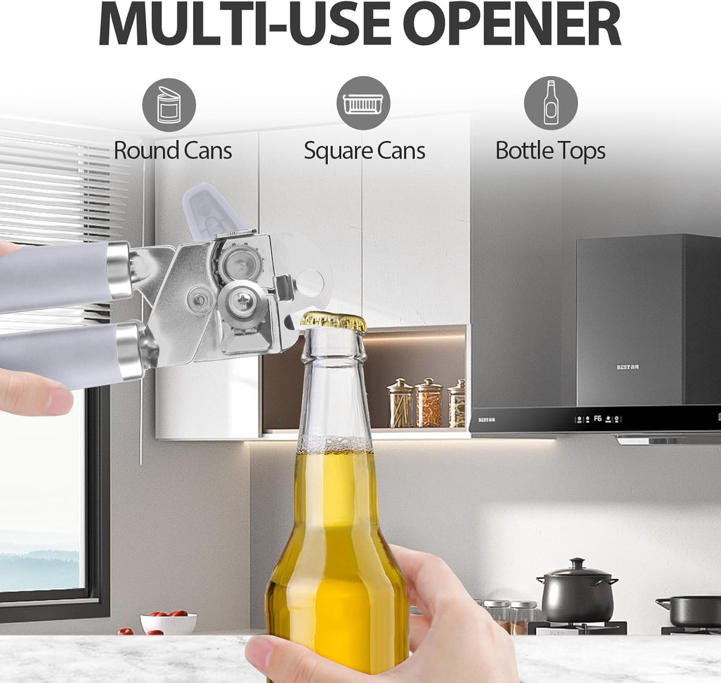 Can Opener Manual, Heavy Duty Handheld Strong Can Opener with Soft Touch Handle, Sharp Blade Smooth Edge, Can Openers with Multifunctional Bottle Opener, Lavender