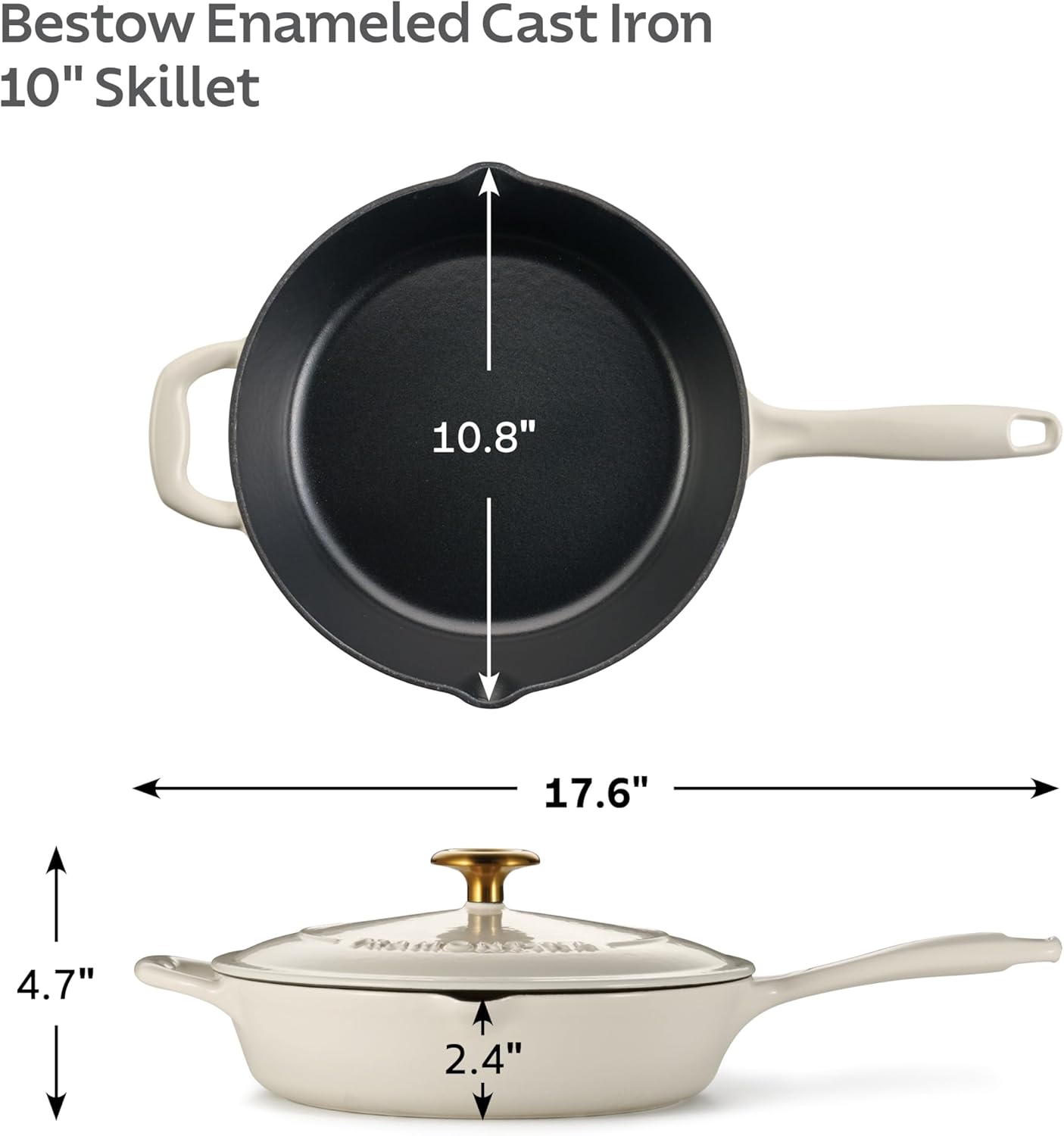 Tramontina Bestow Enameled Cast Iron Skillet with Lid, 10-inch Frying Pan, Latte with Gold Knob