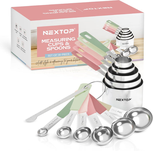 Nextop 14-Piece Stainless Steel Measuring Cups and Measuring Spoons Set with All Stackable Sizes and Leveler for Dry Ingredients, Complete Set for Kitchen & Baking Measuring Tools (Peach Set)