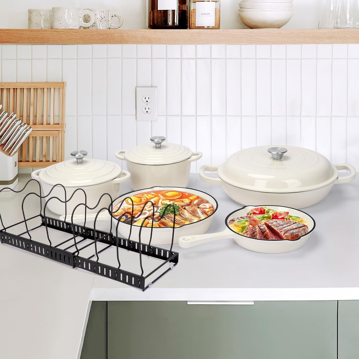 Nonstick Enameled Cast Iron Cookware Set - 8 Piece Pots and Pans with Lid, Frying Pan, Skillet, Dutch Oven Set for All Stovetops, Ideal for Sourdough Bread Baking, Comes with Organizer, Cream White