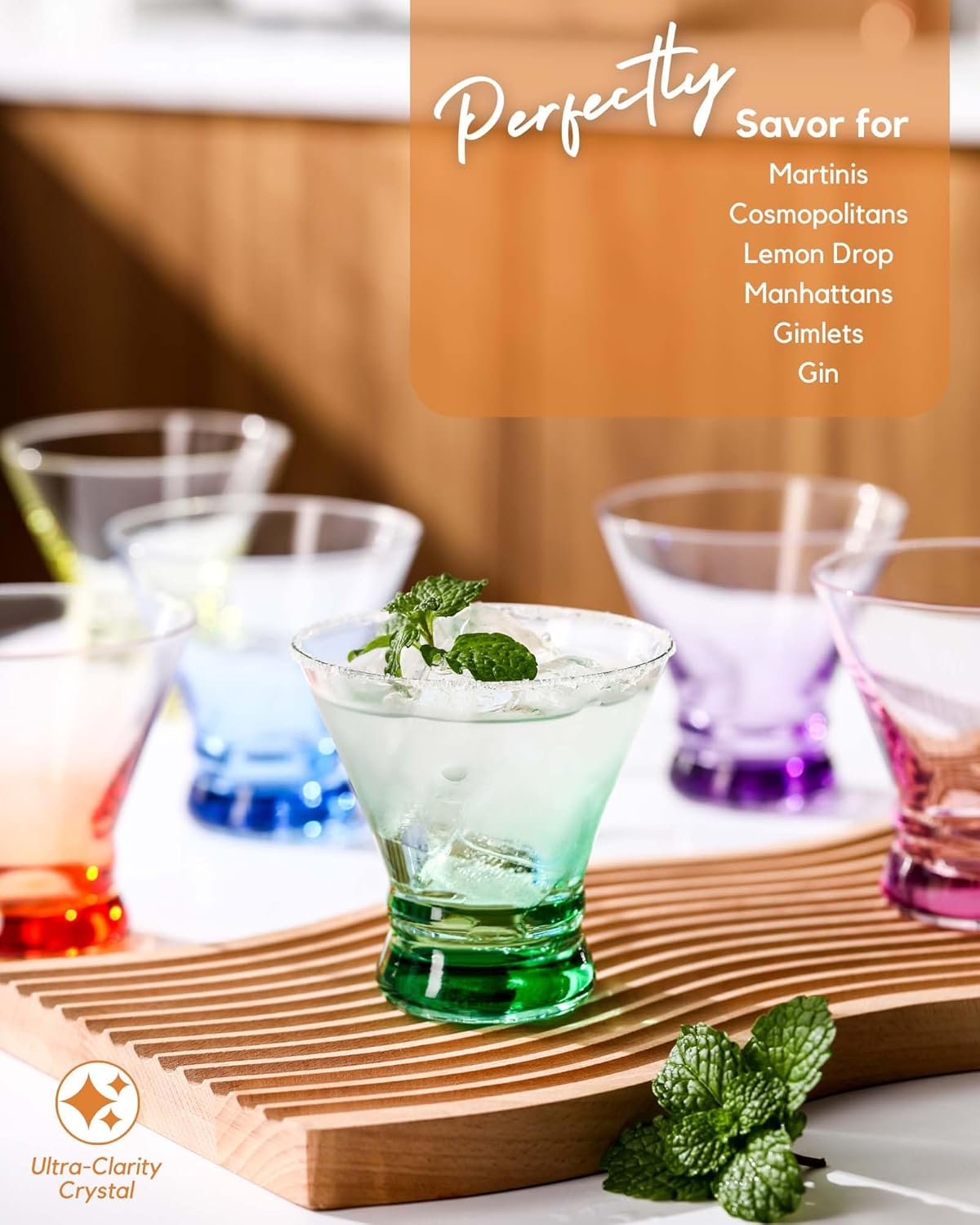 ColoVie Martini Glasses Set of 6 - Cocktail Glasses - 8oz Stemless Margarita, Bar, Dessert Glass - Colored Liquor Drinking Glassware - Cosmo, Manhattan, Espresso Martini - Cocktail Party Gift for Her