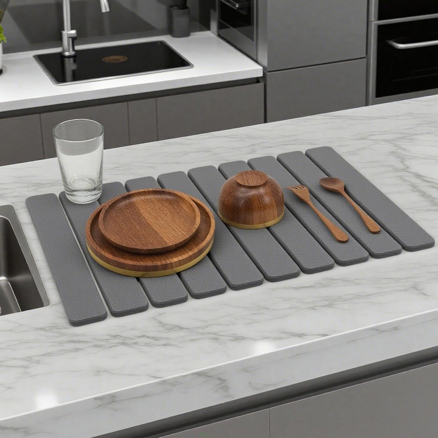 Large Stone Dish Drying Mat for Kitchen Counter 24”x16” Quick Dry & Super Absorbent Diatomaceous Earth Stone Drying Mat, Foldable, Sustainable Roll Away Dish Mat for Dishes, Bottles & Cups Gray