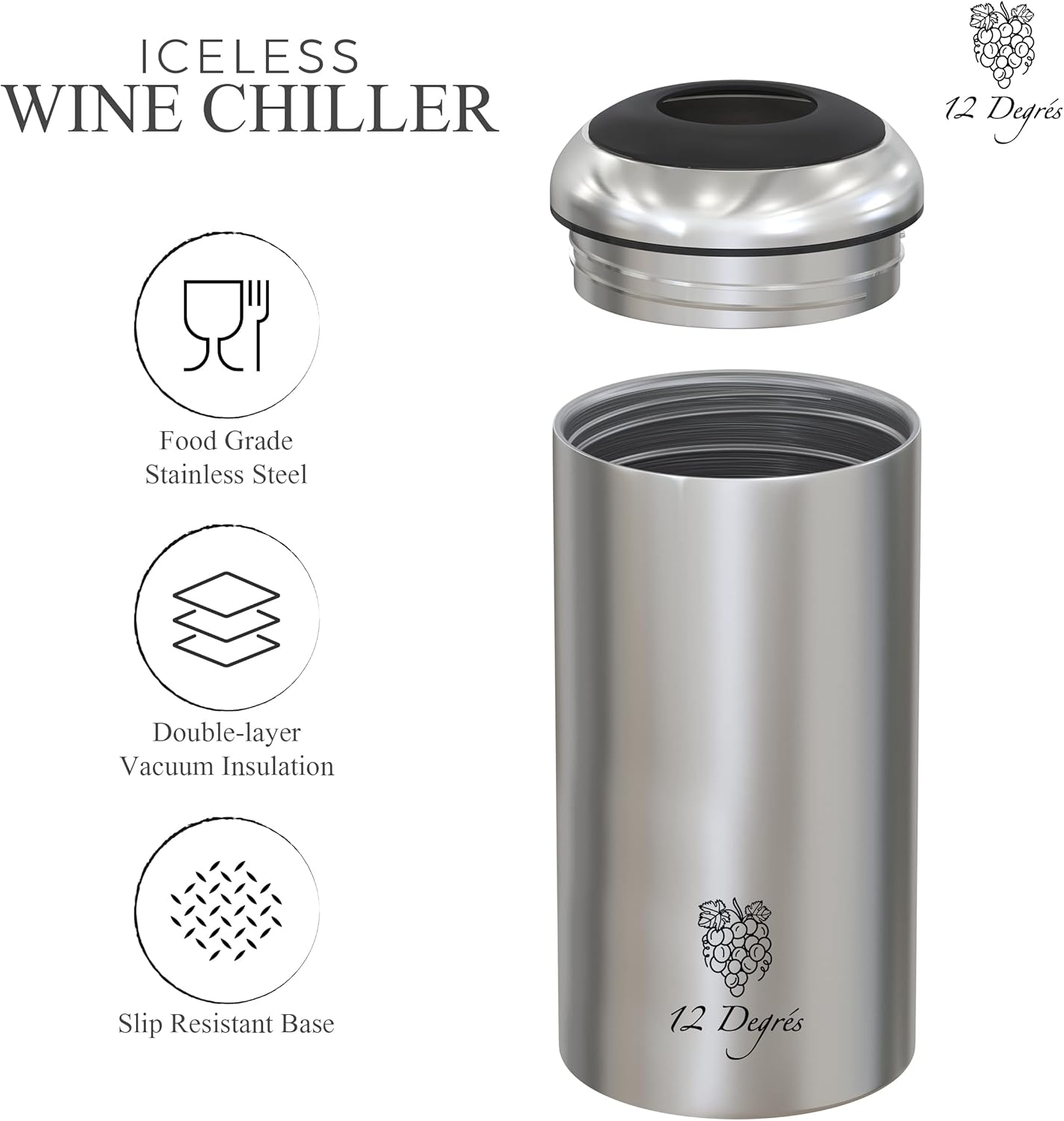 Wine Chiller Set - Perfect Wine Gifts for Women & Men - Stainless Steel Insulated Wine Cooler with Wine Pump, Aerator & 4 Stoppers (Silver)