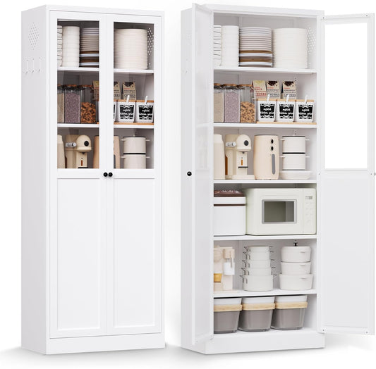 AQY Kitchen Pantry Cabinet,72" White Pantry Storage Cabinet with 5 Tire Adjustable Shelves and Glass Doors,Freestanding Cupboard,Metal Pantry Cabinets with Handle for Living Room,Assembly Required