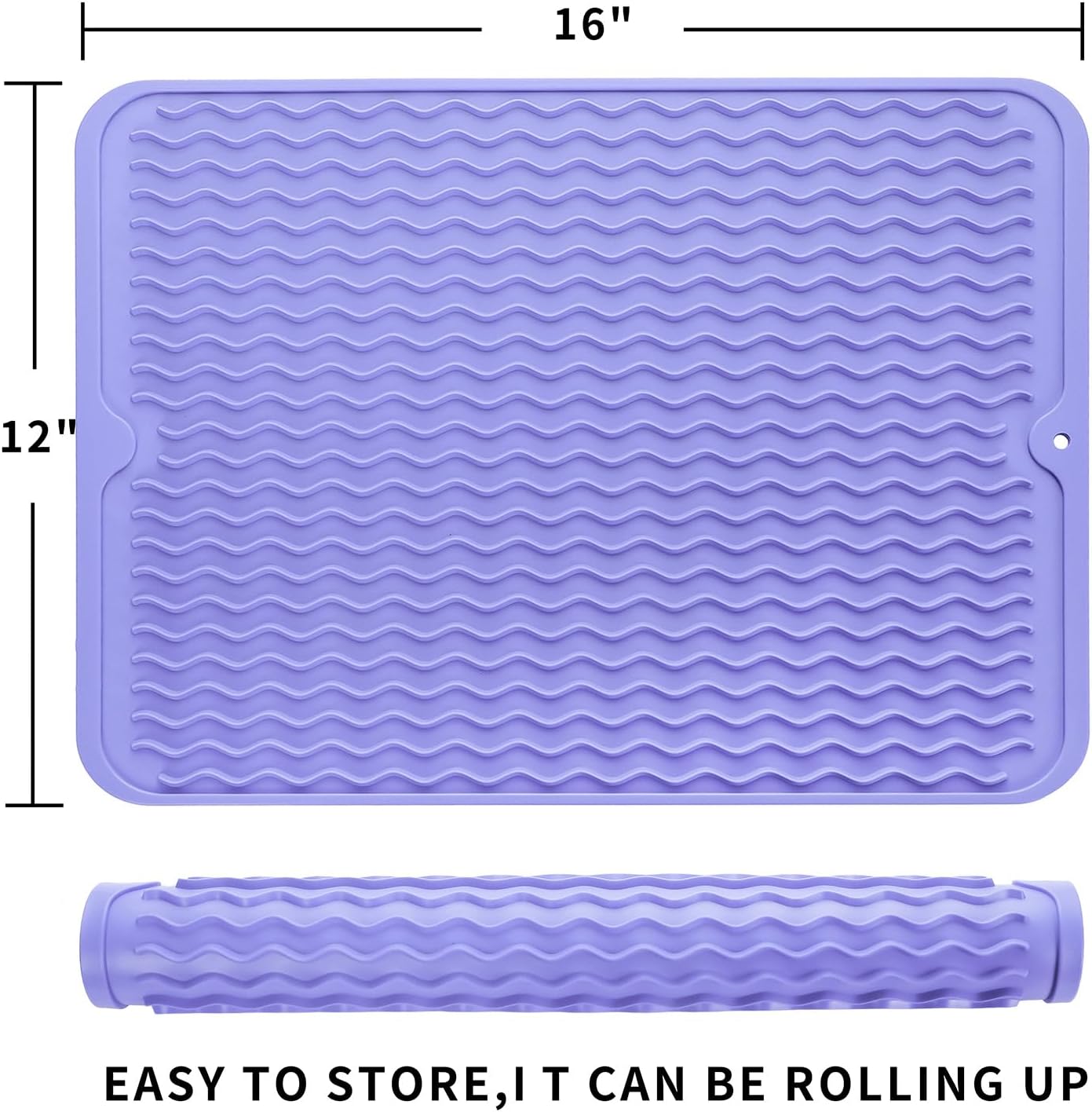 Silicone Dish Drying Mat for Multiple Usage,Easy clean,Eco-friendly,Heat-resistant Silicone Mat for Kitchen Counter or Sink,Refrigerator or drawer liner Light Purple L 16 inches x 12 inches