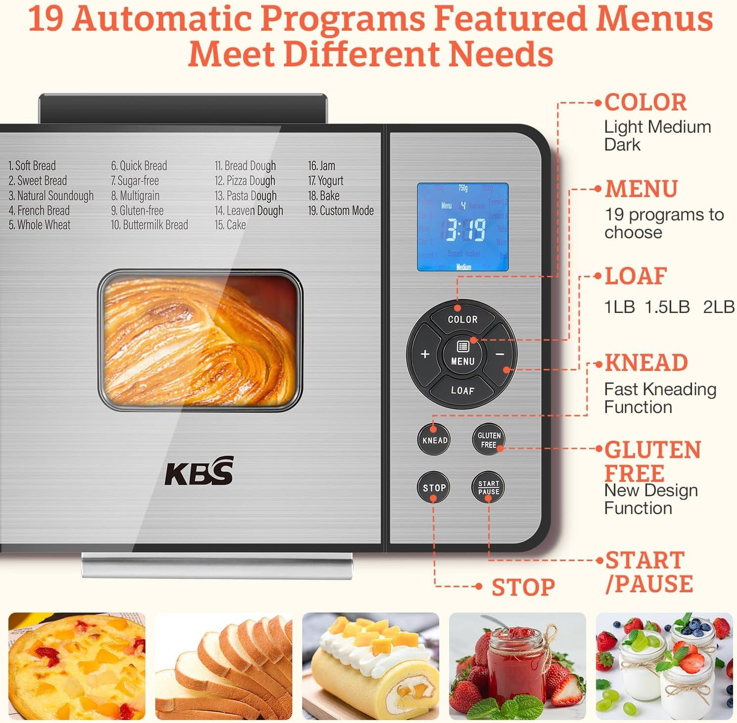 KBS 19-in-1 Programmable Bread Maker,2LB Large Bread Machine Stainless Steel with Sourdough,Gluten-Free,Nonstick Ceramic Pan,650W Bread Maker Machine with 15H Timer&1H Keep Warm,3 Crust Colors,Recipes