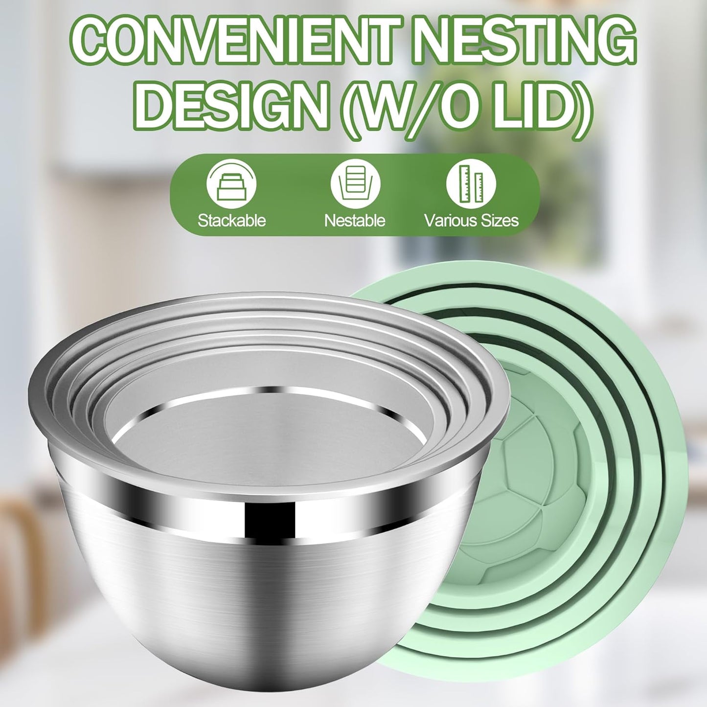 Mixing Bowls with Lids Set, Stainless Steel Mixing Bowl Set with Colander, Strainer with Bowls - Pistachio