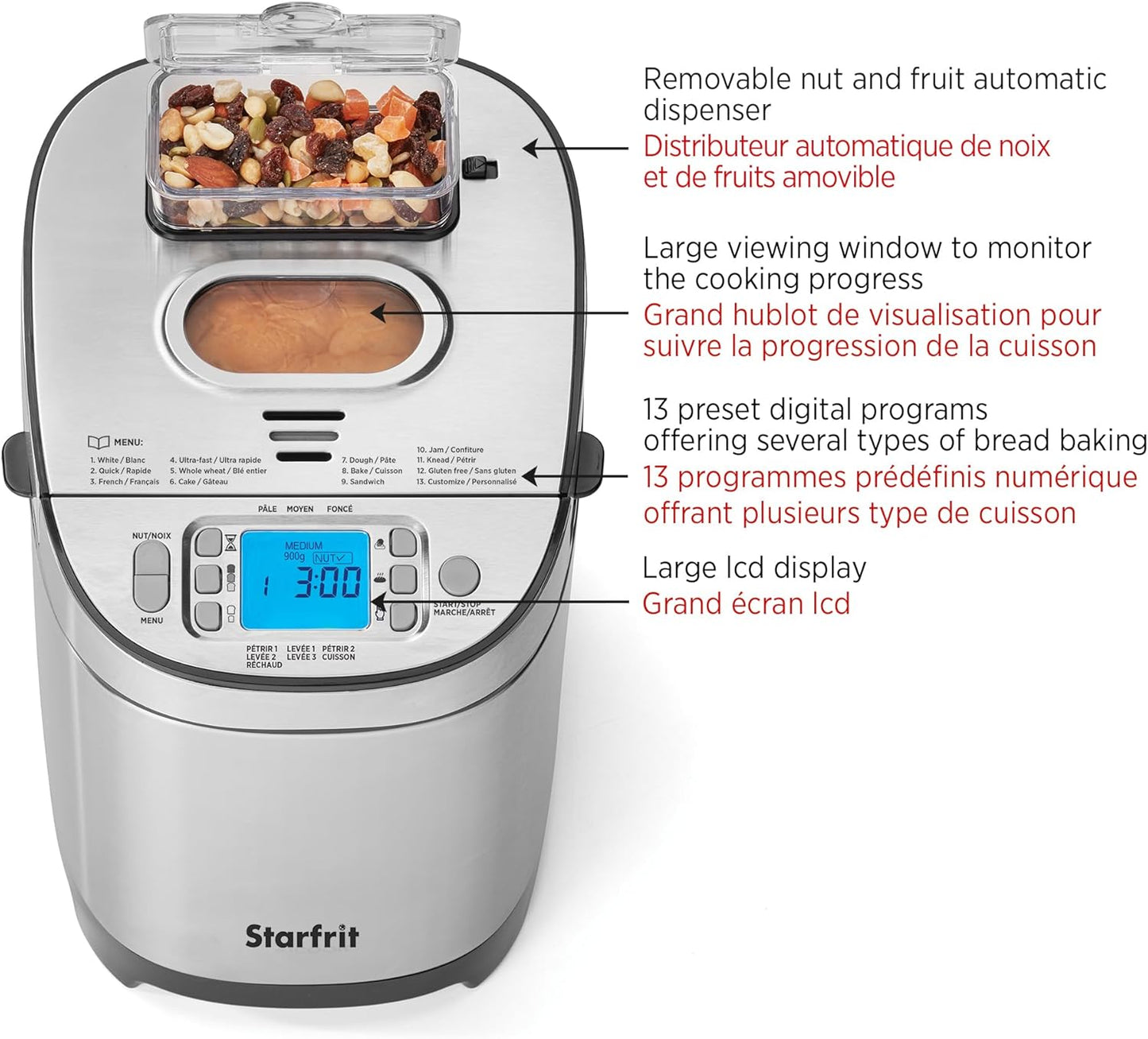 Starfrit Electric Bread Maker - 2lb Loafs - Non-Stick Removable Pan - Automatic Nut Dispenser - 13 Preset Programs - 550W
