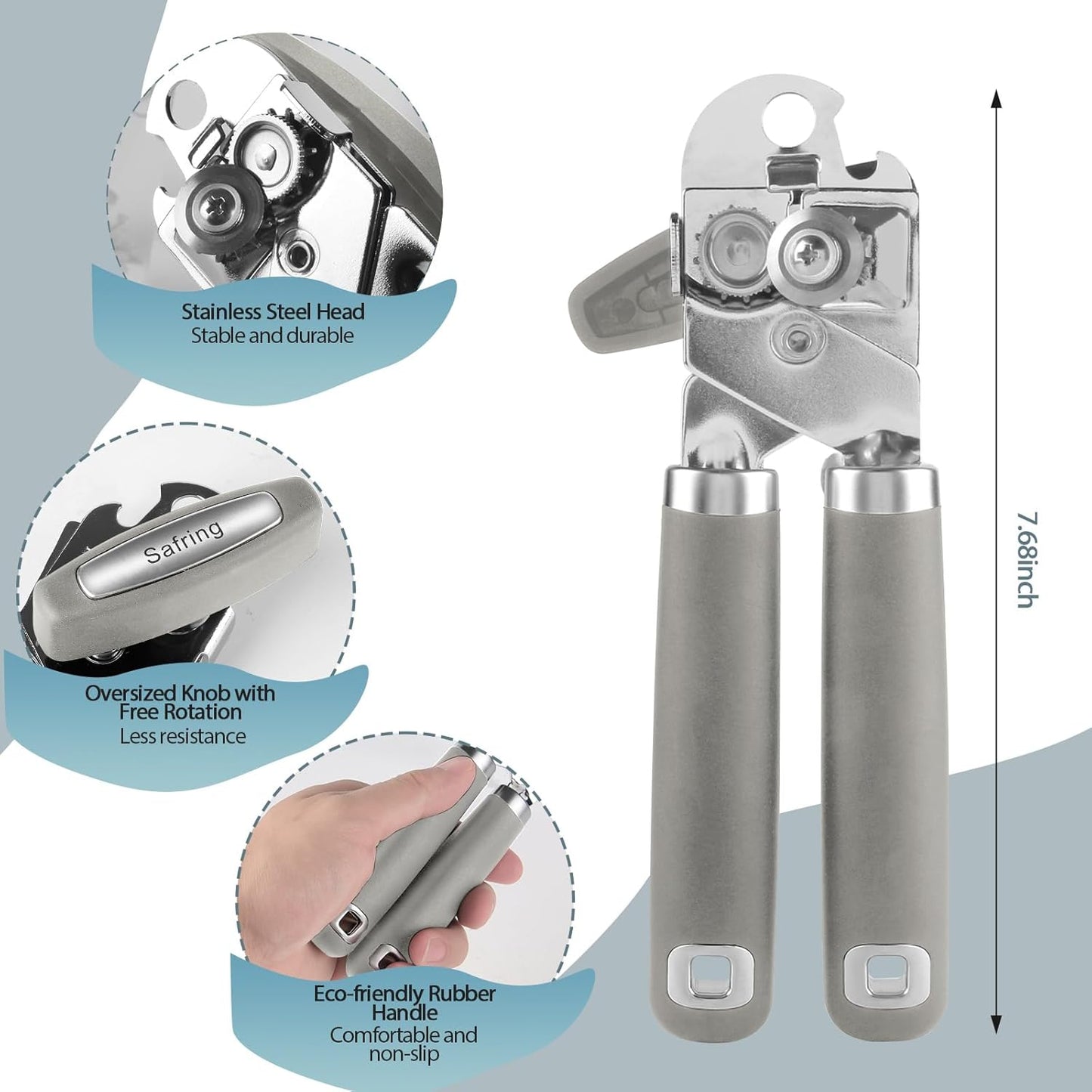 Can Opener Manual, Heavy Duty Handheld Strong Can Opener with Soft Touch Handle, Sharp Blade Smooth Edge, Can Openers with Multifunctional Bottle Opener, Gray