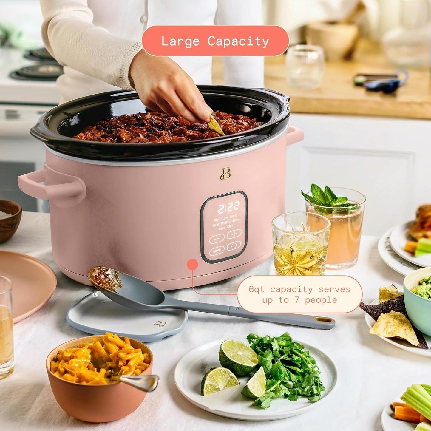 Beautiful 6 Qt Programmable Slow Cooker by Drew Barrymore - 5 Preset Cooking Functions, Digital Countdown Timer, Dishwasher-Safe Parts, and Cool-Touch Handles (Rose.)
