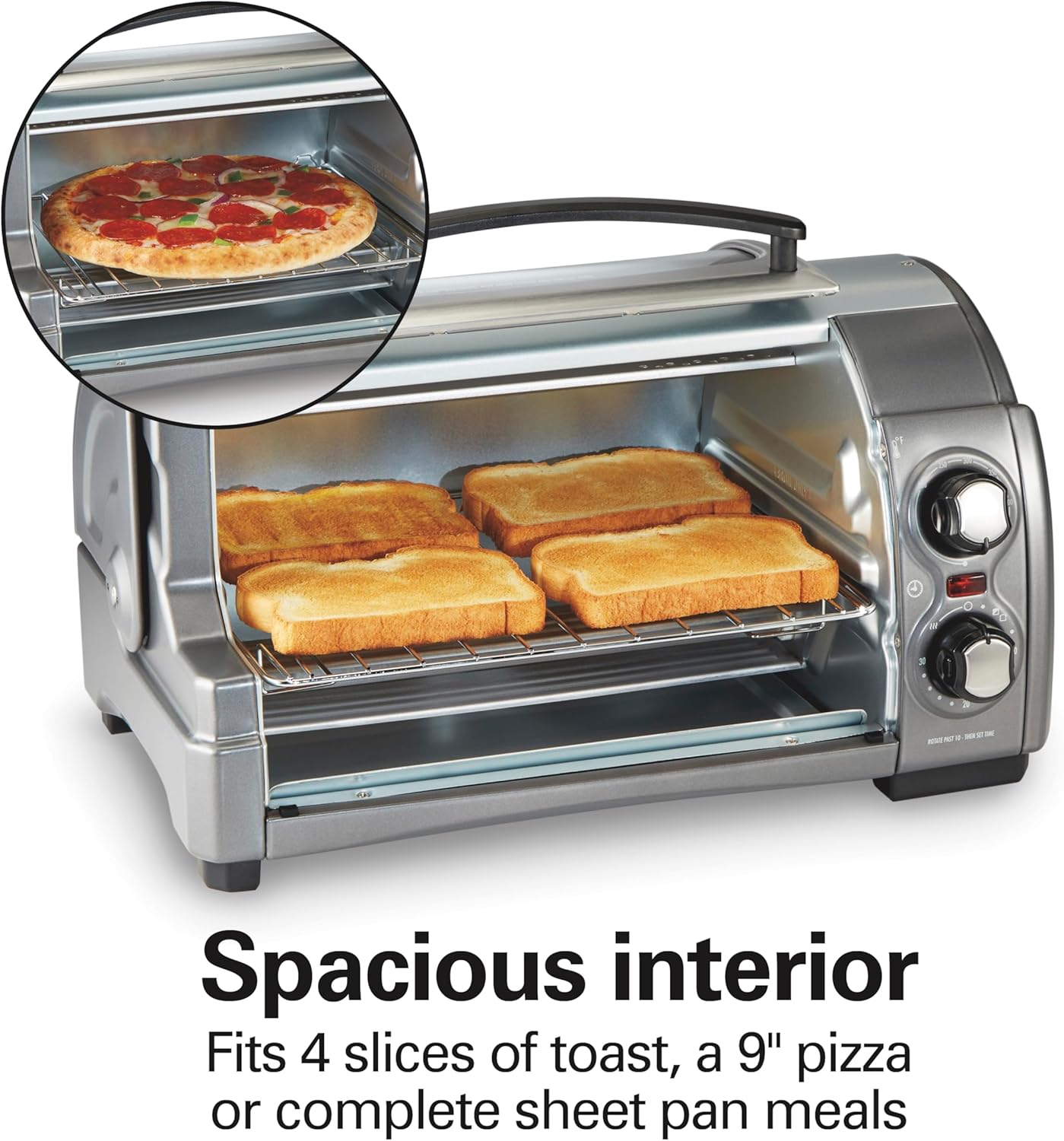 Hamilton Beach Easy Reach 4-Slice Countertop Toaster Oven With Roll-Top Door, 1200 Watts, Fits 9” Pizza, 3 Cooking Functions for Bake, Broil and Toast, Silver (31344DA)