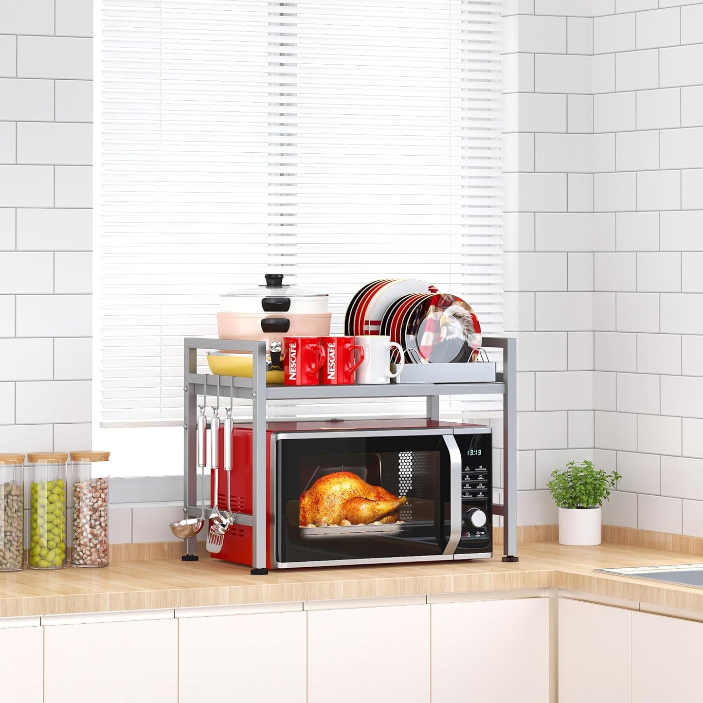 PUSDON Extendable Microwave Oven Rack, Adjustable Microwave/Toaster Shelf Heavy Duty Stand Kitchen Counter Top Organizer, 2 Tier with 3 Hooks, 160lbs Weight Capacity, Silver Grey