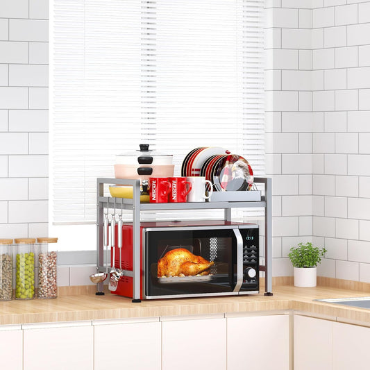 PUSDON Extendable Microwave Oven Rack, Adjustable Microwave/Toaster Shelf Heavy Duty Stand Kitchen Counter Top Organizer, 2 Tier with 3 Hooks, 160lbs Weight Capacity, Silver Grey