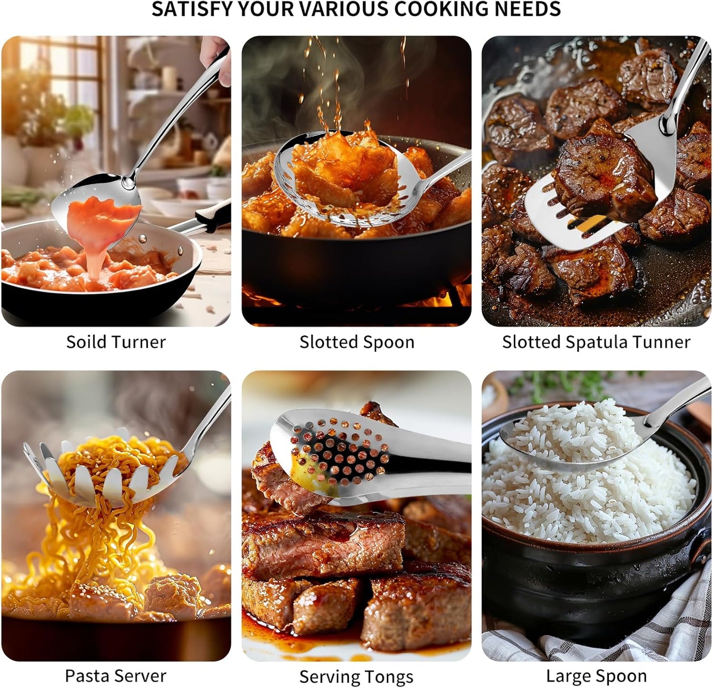 304 Stainlss Steel Kitchen Utensils Set, 11 Pcs Long Metal Cooking Utensil Gadgets Tools Set with Spatula, Spoon, Ladle, Skimmer, Turner, Pasta Server, Tongs(Mirror Polished, Dishwasher Safe)