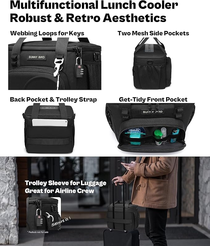 SUNNY BIRD 12L Large Insulated Lunch Bag, Leakproof and Foldable Lunch Cooler Box for Women Adult and Men, Fits 18 Cans (Black 01)