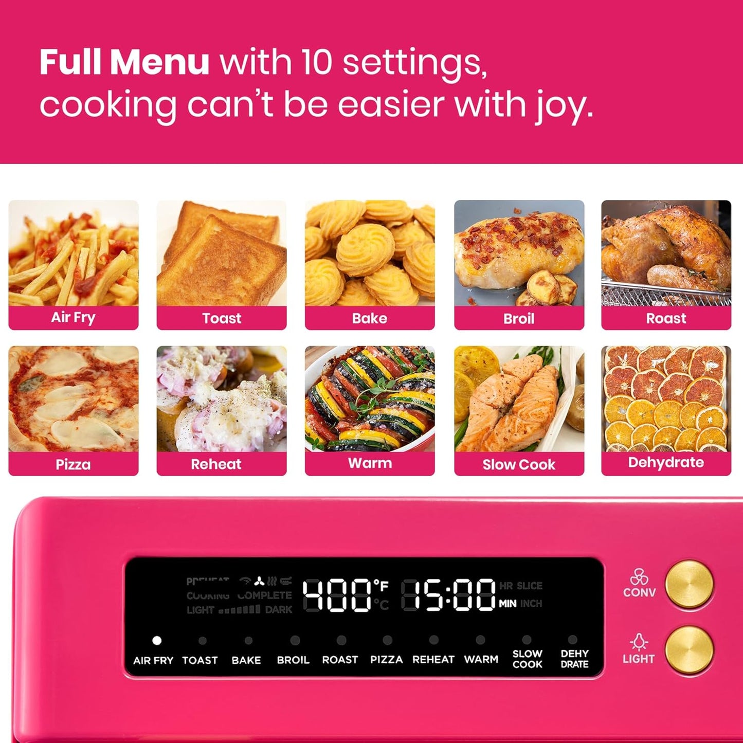 VAL CUCINA Limited Edition Happy Pink Infrared Heating Air Fryer Toaster Oven, Extra Large Countertop Convection Oven 10-in-1 Combo, 6-Slice Toast, Enamel Baking Pan Easy Clean with Recipe Book