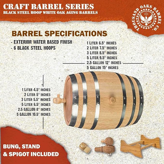 1 Liter Oak Aging Barrel with Wood Stand, Bung & Spigot - Mini Whiskey Barrels for The Home Alcohol Distiller, Moonshiner & Winemaker - Age Cocktails, Bourbon, Whisky, Tequila, Rum, Mead Wine (1L)