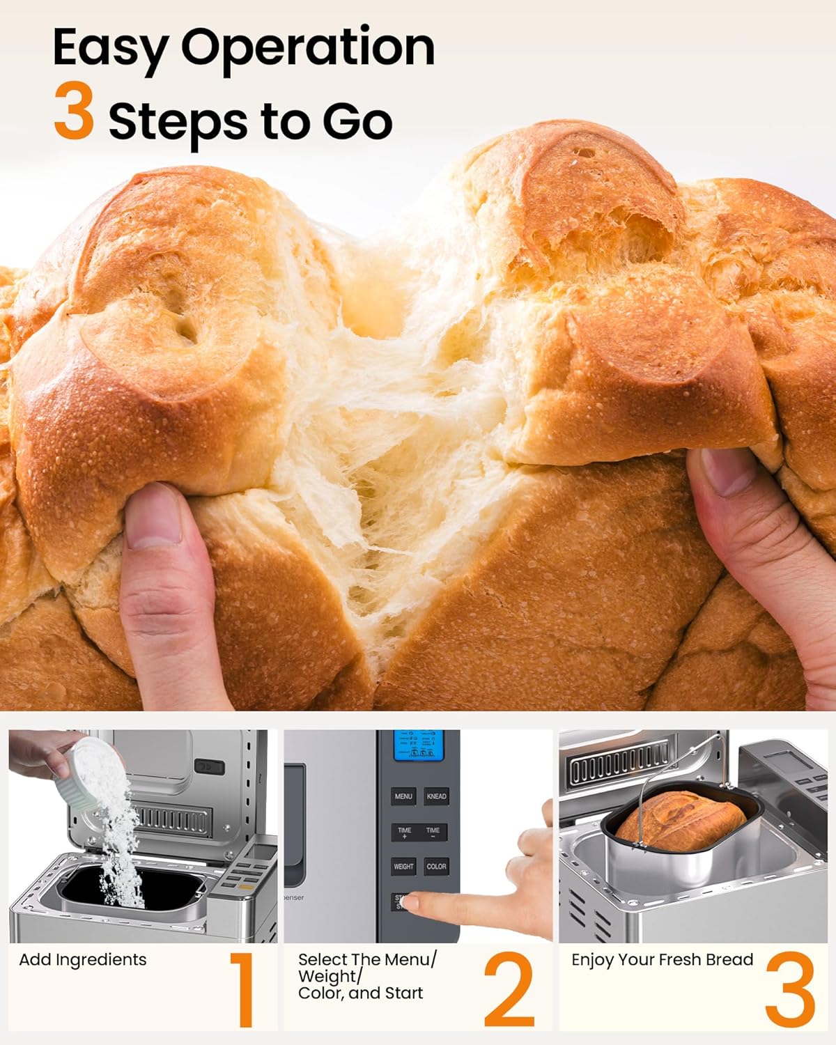 25-in-1 Bread Maker Machine with Automatic Dual Dispenser, 2LB Stainless Steel Breadmaker with Gluten-Free, Dough, Jam, Yogurt etc Settings, Silver