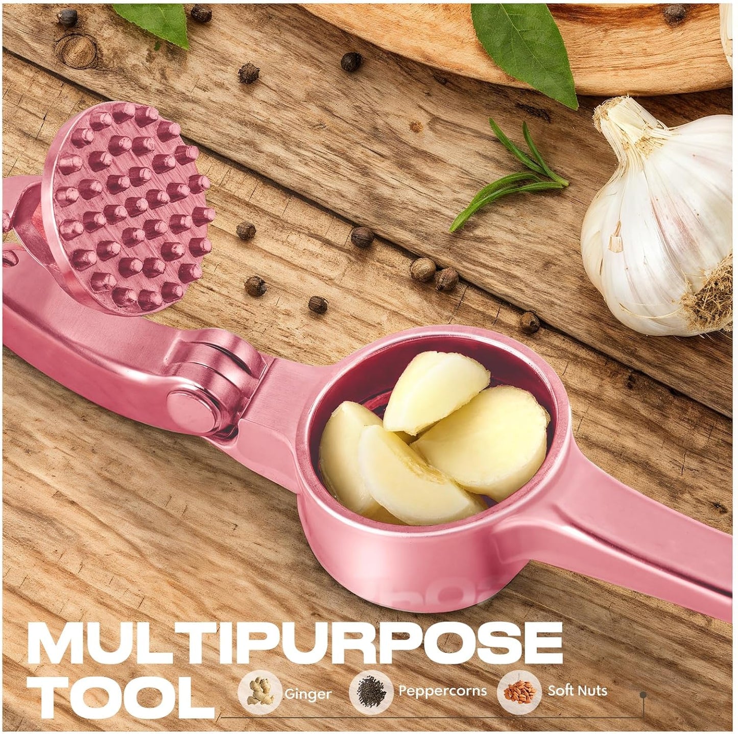 Kitchen Garlic Press, Rust Proof & Dishwasher Safe Garlic Mincer, Durable Garlic Crusher Set with Peeler＆Brush, Easy to Clean and Squeeze, Rose