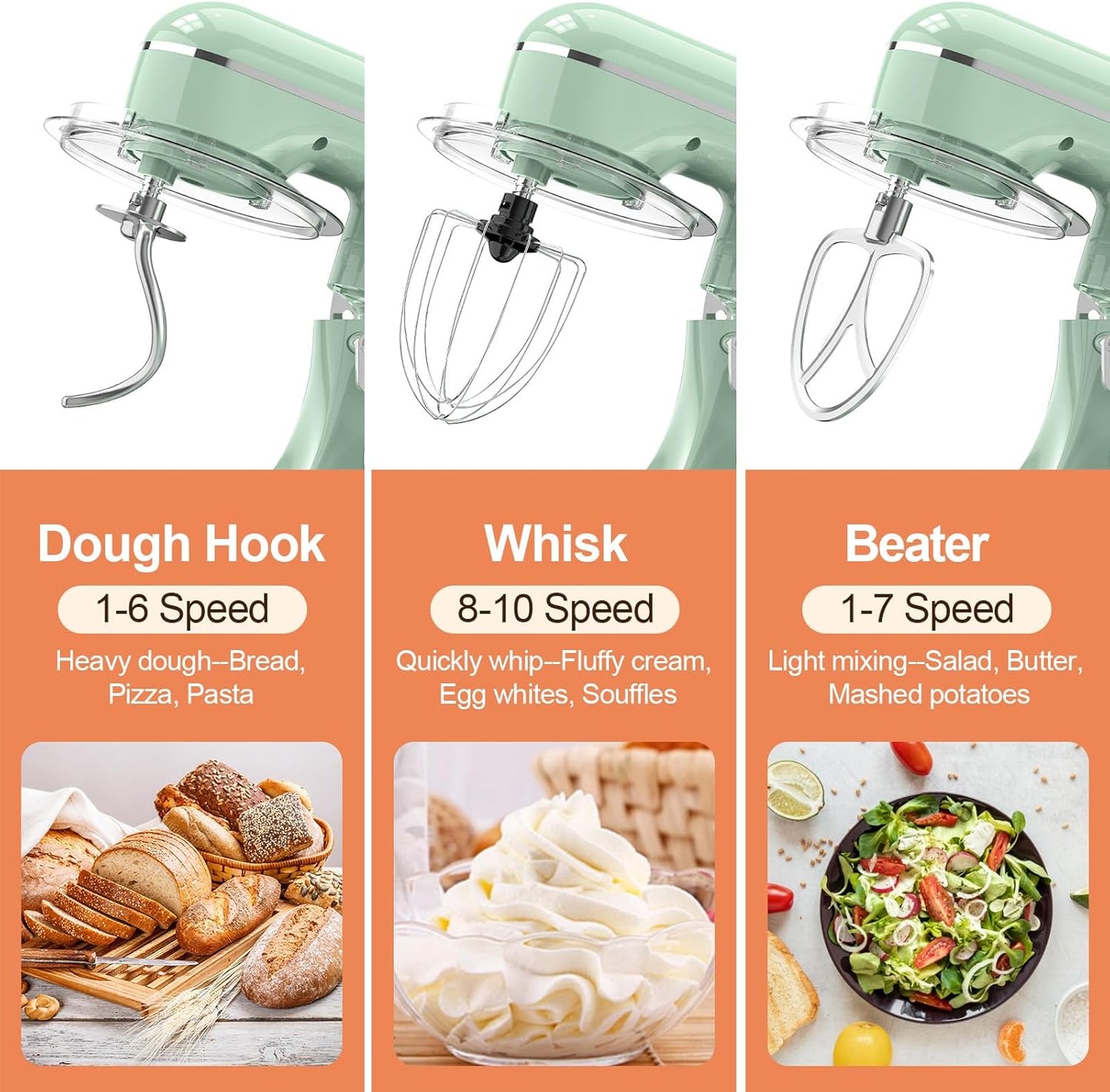 3-IN-1 Electric Stand Mixer, 6.5QT Bowl 660W 10-Speed Kitchen Mixer, Household Food Mixers include Dough Hook, Beater and Whisk, Bread Cake Mixer for Baking and Most Home Cooks, Agave Green