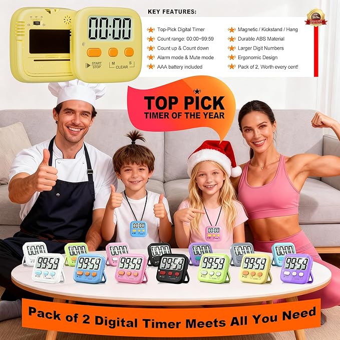 Antonki 2 Pack Digital Timer for Kids, Magnetic Countdown Kitchen Timers for Cooking, Egg, Classroom, Teacher, Exercise, Study, Oven - Battery Included