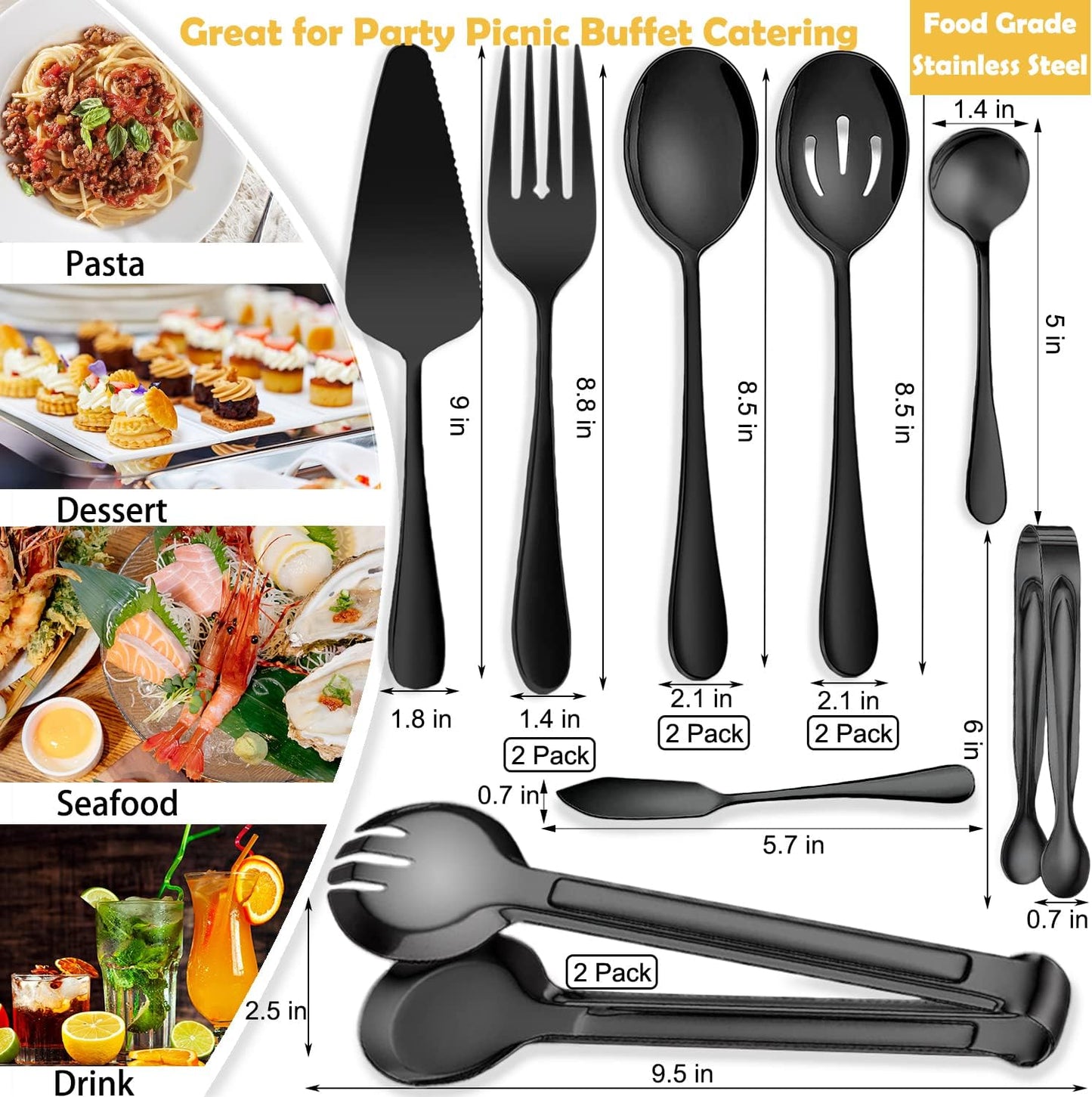 12 PCS Stainless Steel Serving Utensils - Large and Slotted Spoons, Forks, Tongs Bundle, Perfect for Buffet Catering and Parties, Black