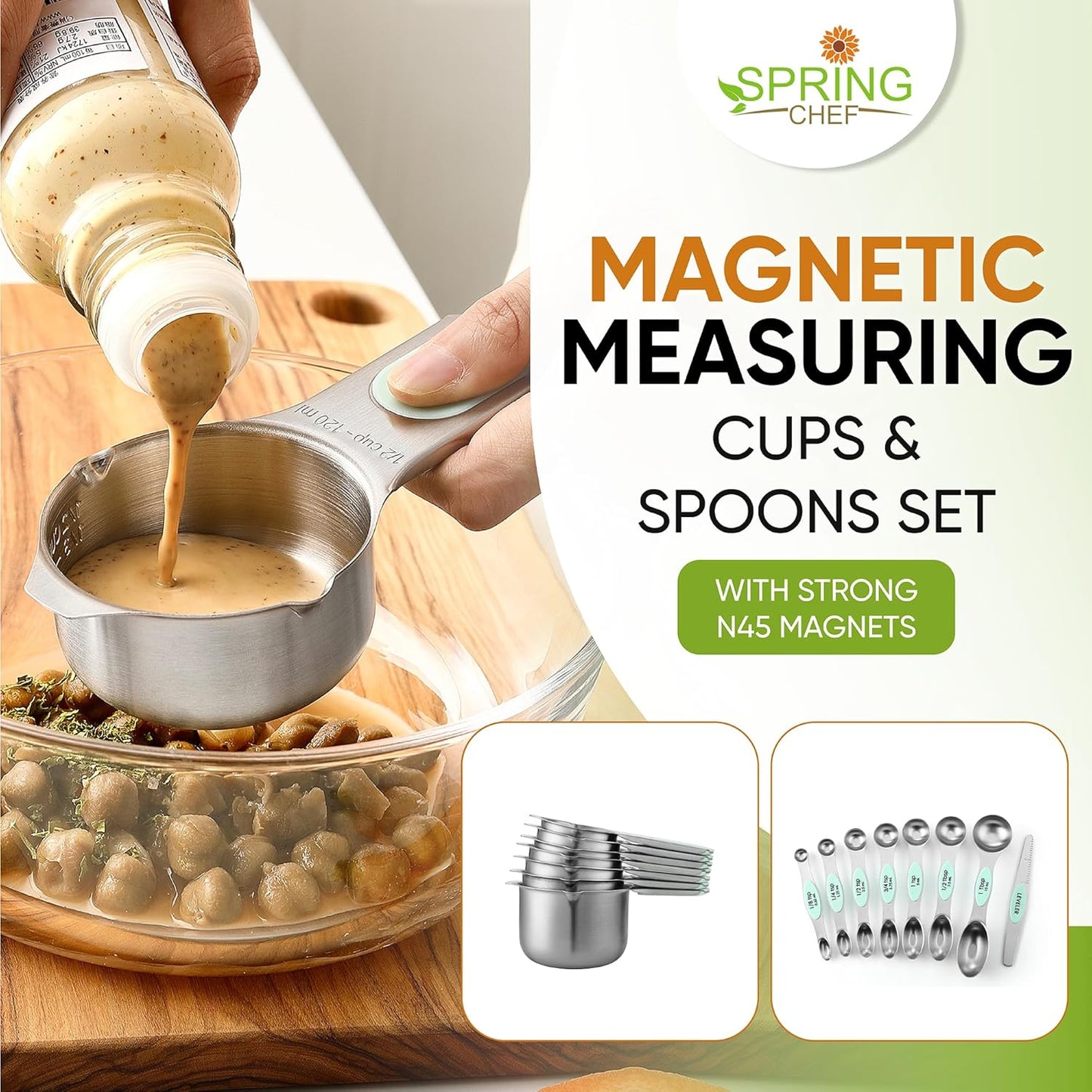Spring Chef Magnetic Measuring Cups & Spoons Set, Patented, Strong N45 Magnets, Heavy Duty Stainless Steel Fits in Spice Jars for Baking & Cooking, BPA Free, Round Set of 15 with Leveler, Mint