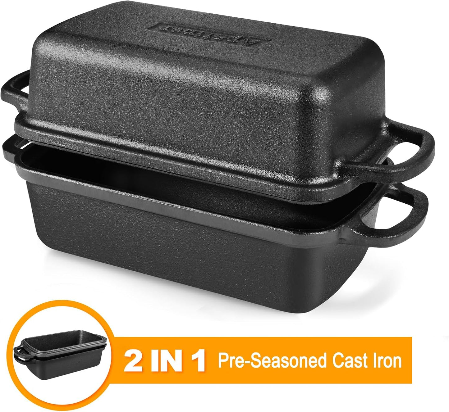 2 in 1 Cast Iron Bread Pan with Lid 9×5 Inch - Loaf Bakeware for Sourdough & Sandwich Bread - Pre-Seasoned Dutch Oven Style - Heavy Duty with Even Heating